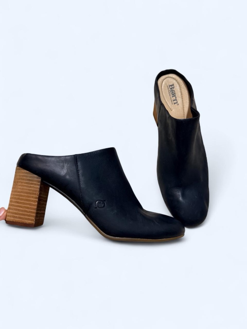 Born Black Leather Block Heel Mules with Stacked Wood Heel